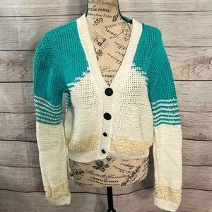 Risto Hand Knit Cardigan Sweater Cropped 100% Cotton Size Large Fringe V-neck